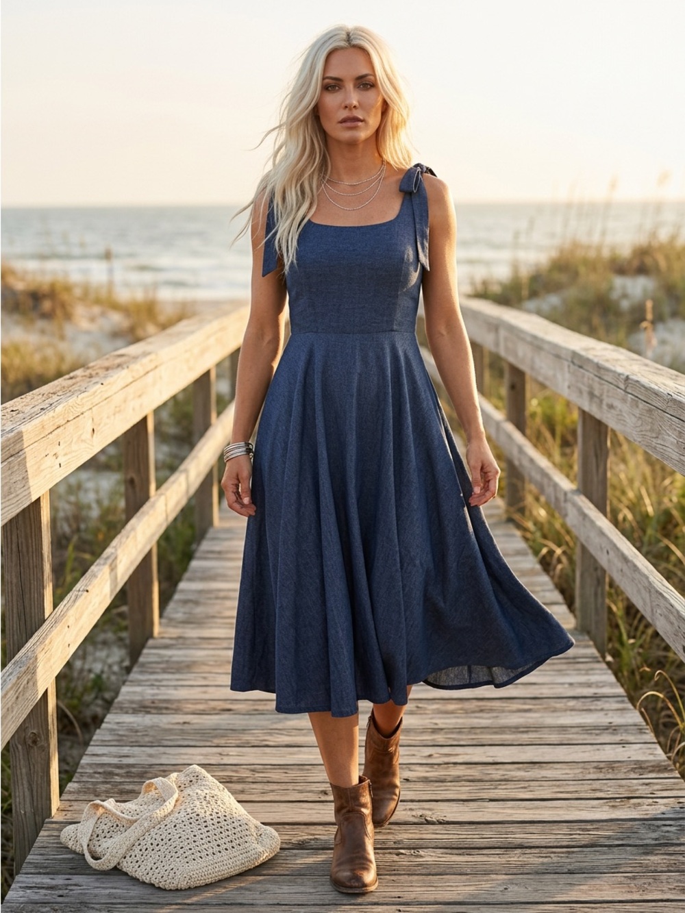 Hutch Indigo Tie-Shoulder Asymmetrical A-Line Midi Dress
